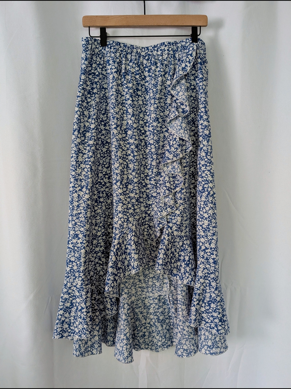FUNJULY Maternity Friendly Blue and White Floral High-Low Ruffle Skirt